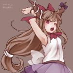  1girl armpits arms_behind_head arms_up artist_name bow bowtie dated hair_bow horn_bow horns ibuki_suika kazaguruma light_brown_background light_brown_hair long_hair looking_at_viewer low-tied_long_hair one_eye_closed oni open_mouth purple_bow purple_skirt red_bow red_eyes red_neckwear shirt simple_background skirt sleeveless sleeveless_shirt solo stretch touhou twitter_username upper_body white_shirt yawning 