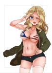  1girl ;d american_flag_bikini aomushi_(mushamusha) ass_visible_through_thighs bikini blonde_hair blue_eyes blue_shorts breasts brown_jacket commentary_request cowboy_shot denim denim_shorts eyebrows_visible_through_hair flag_print girls_und_panzer hair_intakes hand_on_hip jacket kay_(girls_und_panzer) large_breasts long_hair long_sleeves looking_at_viewer military military_uniform navel o-ring o-ring_bikini off_shoulder one_eye_closed open_clothes open_jacket open_mouth salute saunders_military_uniform short_shorts shorts simple_background skindentation smile solo standing swimsuit thigh-highs thighs uniform v white_background white_legwear 