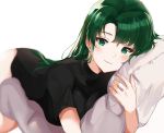  1girl absurdres bed blush breasts dress fire_emblem fire_emblem:_rekka_no_ken fire_emblem_heroes green_eyes green_hair highres large_breasts long_hair looking_at_viewer lyndis_(fire_emblem) nintendo ormille pillow simple_background smile solo very_long_hair 