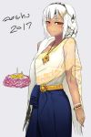  1girl altera_(fate) alternate_costume bare_arms belt blue_skirt blush bracelet closed_mouth dark_skin dress eyebrows_visible_through_hair fate/extella fate/extra fate/grand_order fate_(series) feet_out_of_frame food headdress holding holding_food i-pan jewelry red_eyes short_hair simple_background skirt solo tan tattoo veil white_hair 