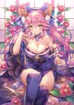  animal_ears arm_at_side bare_shoulders blue_kimono blue_ribbon blurry blush breasts cleavage commentary_request depth_of_field detached_sleeves eyebrows_visible_through_hair fate/grand_order fate_(series) flower fox_ears fox_tail hair_ribbon hand_up highres japanese_clothes kimono large_breasts looking_at_viewer parted_lips pink_hair ribbon sitting tail tamamo_(fate)_(all) tamamo_no_mae_(fate) yellow_eyes yeonwa 
