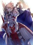  2girls absurdres ahoge akami_fumio artoria_pendragon_(all) back-to-back bangs blonde_hair blue_cloak blurry blurry_background braid breastplate clarent cloak closed_mouth commentary_request crown depth_of_field dutch_angle excalibur eyebrows_visible_through_hair facing_away fate/apocrypha fate/stay_night fate_(series) fur-trimmed_cloak fur_trim gauntlets green_eyes hair_bun hands_on_hilt highres long_hair mini_crown mordred_(fate) mordred_(fate)_(all) multiple_girls ponytail saber sidelocks standing sword v-shaped_eyebrows weapon white_background 
