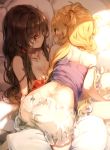  2girls all_fours alternate_hairstyle arm_support ass bangs bare_arms bare_shoulders bed blonde_hair bloomers blush braid breasts brown_hair camisole collarbone commentary_request eye_contact eyebrows_visible_through_hair feet_out_of_frame hair_tubes hakurei_reimu kirisame_marisa long_hair looking_at_another medium_breasts midriff multiple_girls no_hat no_headwear pillow piyokichi red_eyes sidelocks single_braid sitting strap_slip touhou two_side_up underwear white_bloomers yellow_eyes yuri 