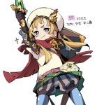  1girl :3 blonde_hair blue_eyes cabbie_hat cape character_request copyright_request fantasy gloves hat holding holding_sword holding_weapon ixy puffy_shorts shield shorts solo sword weapon white_background 