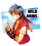 1boy blue_hair closed_mouth commentary_request denim gloves headband jacket looking_at_viewer male_focus red_headband red_vest rody_roughnight short_hair solo vest wild_arms wild_arms_1 