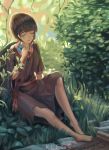  1girl artist_name bangs brown_dress brown_hair closed_eyes closed_mouth commentary day dress english_commentary flower grass highres holding holding_flower jewelry klegsart knee_up leaf necklace original outdoors short_hair sitting smile solo sunlight wide_sleeves 