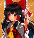  1girl bangs bare_shoulders black_hair bow breasts collar dress eyebrows_visible_through_hair hair_tubes hakurei_reimu hand_up long_hair long_sleeves looking_at_viewer medium_breasts multicolored multicolored_eyes open_mouth orange_background orange_eyes qqqrinkappp red_bow red_dress red_eyes shikishi smile solo touhou traditional_media white_collar white_sleeves yellow_eyes yellow_neckwear 