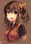  1girl :d black_shirt bow breasts brown_background brown_hair collared_shirt commentary english_commentary gao_(gaolukchup) hair_between_eyes hair_bow large_breasts looking_at_viewer name_tag open_mouth orange_eyes orange_vest patreon_username shirt simple_background smile solo twintails upper_body vest waiter wing_collar yellow_bow 