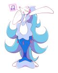  arm_up artsy-rc blue_hair creatures_(company) eyes_closed game_freak gen_7_pokemon highres long_hair musical_note nintendo pink_nose pokemon pokemon_(creature) pokemon_(game) pokemon_sm primarina sea_lion standing white_skin 