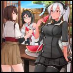  3girls absurdres bare_shoulders black_hair black_nails blue_eyes brown_eyes brown_hair brown_skirt detached_sleeves eating food fruit glasses green-framed_eyewear grey_jacket grey_skirt hair_between_eyes hairband headgear highres holding holding_fruit hyuuga_(kantai_collection) jacket japanese_clothes kantai_collection kirishima_(kantai_collection) long_hair multiple_girls musashi_(kantai_collection) nail_polish nontraditional_miko pleated_skirt red_eyes remodel_(kantai_collection) ribbon-trimmed_sleeves ribbon_trim semi-rimless_eyewear short_hair skirt smile under-rim_eyewear watermelon white_hair wide_sleeves yunamaro 