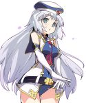  1girl belt beret blue_eyes character_request copyright_request elbow_gloves gloves hat ixy long_hair silver_hair sleeveless solo very_long_hair white_background 