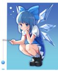  1girl absurdres black_footwear blue_bow blue_eyes blue_hair blush bow cirno closed_mouth eyebrows_visible_through_hair hair_bow highres ice ice_wings looking_away puffy_short_sleeves puffy_sleeves shoes short_hair short_sleeves socks squatting touhou white_legwear wings wnehdrl 