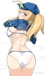  1girl absurdres ahoge artoria_pendragon_(all) ass bangs baseball_cap bed_sheet bikini blonde_hair blue_eyes blue_hat blue_jacket blush breast_press breasts closed_mouth cropped_jacket eyebrows_visible_through_hair fate/grand_order fate_(series) hair_between_eyes hair_through_headwear hat highres jacket large_breasts long_hair looking_at_viewer looking_back lying moyoron mysterious_heroine_xx_(foreigner) on_stomach ponytail short_sleeves smile solo swimsuit white_bikini 