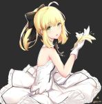  1girl :o ahoge artoria_pendragon_(all) bangs bare_shoulders black_background black_bow blonde_hair blush bow dress eyebrows_visible_through_hair fate/stay_night fate/unlimited_codes fate_(series) flower gloves green_eyes hair_between_eyes hair_bow holding holding_flower looking_at_viewer looking_to_the_side parted_lips pleated_dress ponytail rocm_(nkkf3785) saber_lily sidelocks simple_background sleeveless sleeveless_dress solo twitter_username white_dress white_flower white_gloves yellow_flower 