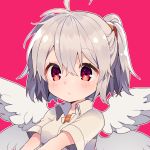  1girl ahoge angel_chromosome_xx blush closed_mouth collared_shirt grey_hair ikeuchi_tanuma multiple_wings neon_genesis_evangelion pink_background red_eyes shirt short_hair short_sleeves simple_background solo tabris tabris-xx two_side_up upper_body white_shirt wing_collar wings 