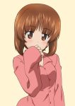  1girl bangs blush brown_eyes brown_hair commentary covering_mouth eyebrows_visible_through_hair girls_und_panzer kanau long_sleeves looking_at_viewer nishizumi_miho pajamas pink_shirt shirt short_hair simple_background solo standing upper_body yellow_background 