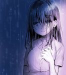  1girl arm_under_breasts bangs bow bowtie breast_hold breasts closed_mouth collared_shirt commentary_request crying crying_with_eyes_open eyebrows_visible_through_hair hair_between_eyes hand_up head_tilt highres long_hair looking_away looking_to_the_side medium_breasts original rain shirt shirt_grab short_sleeves solo tears usashiro_mani wavy_mouth 