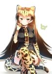  1girl absurdres black_bow black_shirt blonde_hair boots bow bow_footwear breasts brown_hair cheetah_ears cheetah_print cheetah_tail collared_shirt commentary elbow_gloves extra_ears gloves gradient_hair hand_up highres japari_symbol kanzakietc kemono_friends king_cheetah_(kemono_friends) knee_boots legs_crossed long_hair looking_at_viewer medium_breasts multicolored_hair necktie orange_eyes print_footwear print_gloves print_legwear print_neckwear shirt short_sleeves simple_background sitting smile solo thigh-highs very_long_hair white_background 