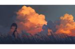  1girl black_eyes black_hair blue_sky clouds cloudy_sky field from_side grass highres looking_at_viewer looking_to_the_side negative_space original ouchi_kaeru outdoors scenery short_hair sky solo standing sunset 