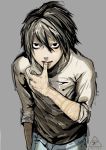  1boy bags_under_eyes biting black_eyes black_hair death_note grey_background hair_between_eyes highres hiranko l_(death_note) leaning_forward looking_at_viewer male_focus pants sanpaku shirt signature simple_background solo standing t-shirt tattoo thumb_biting 