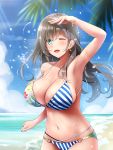  1girl arm_up armpits bikini blue_eyes blush breasts cleavage earrings grey_hair jewelry large_breasts long_hair looking_at_viewer midoriiro_no_shinzou nail_polish navel ocean one_eye_closed open_mouth original palm_leaf sky smile solo swimsuit water 