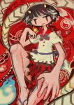  1girl abstract arrow bare_legs black_hair blue_fire eyebrows_visible_through_hair fang fire highres hito_(nito563) kijin_seija large_hand leg_up looking_at_viewer multicolored_hair open_mouth red_eyes sandals shirt short_hair short_sleeves skirt smile solo streaked_hair touhou white_shirt yin_yang 
