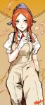  1girl bangs cigarette closed_mouth collared_shirt freckles gloves green_eyes head_scarf highres hiranko holding holding_cigarette long_hair orange_background orange_hair original overalls parted_bangs shirt short_sleeves signature smoking solo standing white_gloves white_shirt wing_collar 