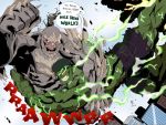  battle black_hair blood blue_sky city crossover dc_comics doomsday_(dc) fighting giant glowing glowing_eyes green_eyes green_skin grey_skin henil031 hulk marvel monster muscle red_eyes sky speech_bubble spikes tagme 