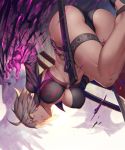  1girl ahoge ass bikini black_bikini black_jacket breasts cropped_jacket fate/grand_order fate_(series) gloves grey_hair hair_between_eyes holding holding_sword holding_weapon jacket jeanne_d&#039;arc_(alter_swimsuit_berserker) jeanne_d&#039;arc_(fate)_(all) large_breasts looking_at_viewer midriff multiple_swords navel rotix sheath short_hair single_thighhigh swimsuit sword thigh-highs thigh_strap weapon yellow_eyes 
