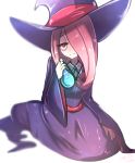  1girl artist_name blurry blurry_background bottle commentary flask hair_over_one_eye half-closed_eye hat little_witch_academia luna_nova_school_uniform omiza-zu pale_skin pink_hair potion red_eyes signature simple_background smile sucy_manbavaran very_long_sleeves watermark white_background witch witch_hat 
