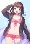  1girl absurdres brown_eyes brown_hair commentary_request highres innertube looking_at_viewer menhera open_mouth original pomu short_hair smile solo swimsuit 