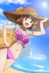  1girl adjusting_clothes adjusting_hat animal_print artist_name bandage bandaid bangs beach bear_print bikini blue_sky boko_(girls_und_panzer) breasts brown_eyes brown_hair brown_hat cleavage clouds cloudy_sky commentary cowboy_shot flower frilled_bikini frills girls_und_panzer hat hat_flower hat_ribbon holding innertube jewelry kanau looking_at_viewer medium_breasts necklace nishizumi_miho ocean open_mouth pink_bikini ribbon see-through shirt short_hair short_sleeves signature sky smile solo standing straw_hat stuffed_animal stuffed_toy sun sun_hat swimsuit teddy_bear whistle white_shirt 