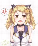  1girl angry animal_ears black_choker blonde_hair blush choker collarbone dress fangs gloves grid_background highres hoonie_(hoonie_friends) hoonie_friends looking_at_viewer maccha_shiratama open_mouth shirt short_hair sleeveless sleeveless_shirt solo tears tiger_ears tiger_hair_ornament twintails virtual_youtuber yellow_eyes 