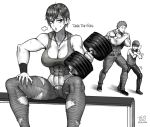  1girl 2boys abs anger_vein belt_buckle blush breasts buckle chain_necklace character_name cleavage crop_top crossed_arms denim dumbbell exercise greyscale helmet highres jeans jewelry large_breasts midriff monochrome multiple_boys mumen_rider muscle muscular_female navel one-punch_man pants pendant short_hair sitting solo_focus sweat tank_top tanktop_girl tanktop_master the_golden_smurf thick_thighs thighs torn_clothes torn_jeans torn_pants 