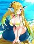  1girl absurdres animal_ears bare_arms bare_shoulders bikini black_ribbon blue_eyes blush breasts cleavage closed_mouth commentary_request eyebrows_visible_through_hair eyes_visible_through_hair gradient_hair green_hair hair_ribbon halterneck head_fins highres large_breasts long_hair looking_at_viewer matsunoki_(unknown_751) mermaid monster_girl multicolored_hair navel ocean original ponytail ribbon sand sitting smile solo swimsuit very_long_hair waves yellow_bikini 