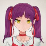  1girl akagi_(fmttps) alternate_hairstyle choker gegege_no_kitarou grey_background hair_ribbon looking_at_viewer nekomusume nekomusume_(gegege_no_kitarou_6) pointy_ears purple_hair red_choker red_ribbon ribbon short_hair simple_background solo twintails upper_body yellow_eyes 