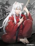  1boy ahoge animal_ears barefoot clouds cloudy_sky floating_hair fox_ears gearous hair_between_eyes hakama highres holding holding_sheath holding_sword holding_weapon inuyasha inuyasha_(character) japanese_clothes jewelry katana kimono long_hair looking_at_viewer magatama male_focus necklace outdoors red_hakama red_kimono ribbon-trimmed_sleeves ribbon_trim sheath silver_hair sitting sky snowing solo sword unsheathing very_long_hair weapon yellow_eyes 