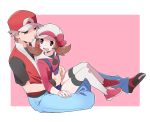  1boy 1girl bangs baseball_cap brown_eyes brown_hair creatures_(company) denim game_freak hand_on_hip hat hat_ribbon highres jeans knees kotone_(pokemon) nintendo overalls pants pokemon pokemon_(game) pokemon_frlg pokemon_hgss pumpkinpan red_(pokemon) ribbon shirt shoes simple_background sitting sitting_on_lap sitting_on_person sneakers thigh-highs torso_grab 