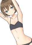  1girl arms_up bangs bare_shoulders bikini black_bikini blue_eyes blush breasts brown_hair closed_mouth collarbone commentary_request coraman dutch_angle eyebrows_visible_through_hair hair_between_eyes highres looking_at_viewer navel original short_hair simple_background small_breasts smile solo swimsuit white_background 