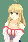  1girl arc_the_lad arc_the_lad_ii bare_shoulders blonde_hair breasts brown_eyes cleavage commentary_request dress hosshi_(nariagari) lieza lips long_hair looking_at_viewer solo white_dress 