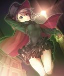  1girl ange_(princess_principal) arm_up bangs black_cape black_dress black_footwear black_gloves black_hat blue_eyes boots breasts brown_hair cape cavorite_ball closed_mouth commentary_request dress dutch_angle eyebrows_visible_through_hair fur-trimmed_sleeves fur_trim gloves hair_between_eyes hand_on_headwear hat holding konnyaku_(kk-monmon) long_sleeves looking_at_viewer multicolored multicolored_cape multicolored_clothes night night_sky outdoors princess_principal red_cape sky small_breasts solo v-shaped_eyebrows 