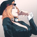  1girl black_bodysuit blonde_hair bodysuit boku_no_hero_academia breasts cleavage collar finger_to_chin green_eyes hat highres large_breasts lips looking_at_viewer looking_to_the_side no_bra parted_lips peaked_cap profile short_hair skin_tight solo ssensenh unzipped utsushimi_kemii 