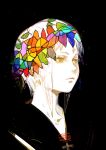  1girl black_background closed_mouth colorful commentary_request highres hiranko original pale_skin short_hair simple_background solo upper_body yellow_eyes 