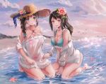  2girls :d aqua_eyes bangs bare_legs bare_shoulders barefoot beach between_legs bikini bird blue_bikini braid breasts brown_hair cherim cleavage clouds collarbone collared_shirt dress evening flower frilled_bikini frills hair_between_eyes hair_flower hair_ornament hair_over_shoulder hand_between_legs hat head_tilt highres kneeling large_breasts lighthouse long_hair multiple_girls o-ring o-ring_top ocean off_shoulder open_clothes open_mouth open_shirt original outdoors partially_submerged pink_bikini red_eyes sand see-through shirt sidelocks single_braid smile sun_hat swimsuit waves white_dress white_shirt 