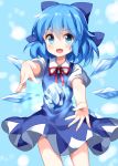  1girl arms_up blue_background blue_bow blue_dress blue_eyes blue_hair blush bow cirno contrapposto cowboy_shot dress eyebrows_visible_through_hair gradient gradient_background hair_between_eyes hair_bow highres ice looking_at_viewer medium_hair open_mouth outstretched_arms pinafore_dress puffy_short_sleeves puffy_sleeves red_neckwear red_ribbon ribbon ruu_(tksymkw) shirt short_sleeves solo touhou white_shirt wings 