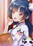  1girl :d bangs blue_hair blurry bun_cover chinese_clothes clenched_hand depth_of_field eyebrows_visible_through_hair fang hair_ornament hairclip hand_up long_hair looking_at_viewer love_live! love_live!_sunshine!! open_mouth plate sellel short_sleeves smile solo stuffed_animal stuffed_panda stuffed_toy tsushima_yoshiko upper_body violet_eyes 