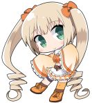 1girl apron bangs blonde_hair bow breasts brown_legwear chibi commentary_request copyright_request detached_sleeves eyebrows_visible_through_hair frilled_apron frilled_sleeves frills full_body fur_collar green_eyes hair_between_eyes hair_bow head_tilt long_sleeves midriff navel orange_bow orange_footwear orange_shirt orange_skirt osaragi_mitama plaid plaid_skirt ringlets shirt shoes sidelocks skirt sleeveless sleeveless_shirt sleeves_past_fingers sleeves_past_wrists small_breasts socks solo twintails waist_apron white_apron wide_sleeves 