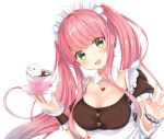  1girl apron bangs blush breasts cleavage cup eyebrows_visible_through_hair floating_hair frilled_apron frills gomano_rio green_eyes hair_between_eyes head_tilt heart heart_necklace holding holding_cup holding_saucer jewelry long_hair looking_at_viewer maid maid_apron maid_headdress multicolored multicolored_eyes necklace open_mouth original ponytail saucer simple_background smile solo teacup upper_body very_long_hair white_background yellow_eyes 
