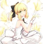 1girl :o ahoge artoria_pendragon_(all) bangs bare_shoulders black_bow blonde_hair blush bow commentary dress eyebrows_visible_through_hair fate/stay_night fate/unlimited_codes fate_(series) flower gloves green_eyes hair_between_eyes hair_bow holding holding_flower looking_at_viewer looking_to_the_side parted_lips pleated_dress ponytail rocm_(nkkf3785) saber_lily sidelocks sleeveless sleeveless_dress solo twitter_username white_background white_dress white_flower white_gloves yellow_flower 