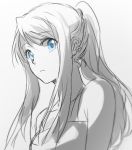  1girl bangs bare_shoulders blue_eyes close-up earrings expressionless eyebrows_visible_through_hair eyelashes fullmetal_alchemist gradient gradient_background grey_background greyscale jewelry long_hair looking_at_viewer monochrome ponytail riru simple_background solo spot_color upper_body white_background winry_rockbell 